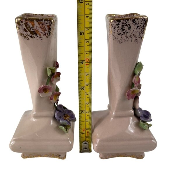 Vintage 1950s Set of 2 Pink/Gold Bud Vases w/ Applied Flowers Darvill LA Cali - Picture 10 of 13